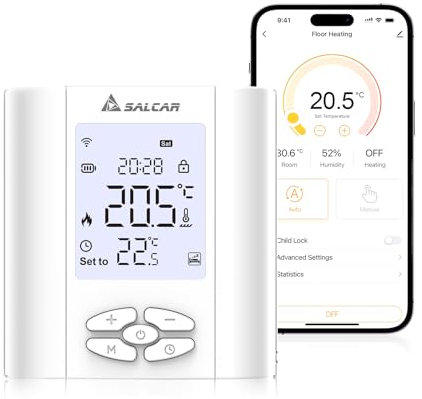 SALCAR Smart Thermostat Boiler WLAN Heizungsthermostat T5W WiFi Raumthermostat mit Luftfeuchtigkei Tuya Programmierbar Wandthermostat Fussbodenheizung Wasser Batterie Enthalten