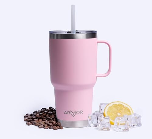 Product Armor 30oz 900ml Stainless Steel Tumbler with Handle (Pink) – Large Double Wall Vacuum Cup with Spill-Proof Lid – Hot & Cold Travel Mug for Coffee, Water & Iced Drinks