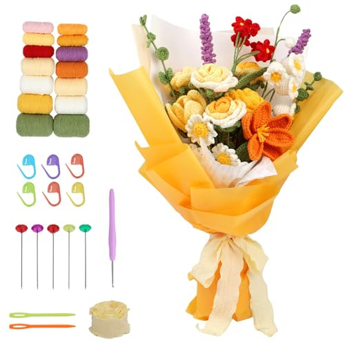 HIULLEN Bouquet Crochet Kit, Crochet Kits for Beginners Adults, Complete Flower Crochet Kits, Crochet Flower Bouquet Kit with Step-by-Step Video, Gifts for Valentine's Day Mother's Day