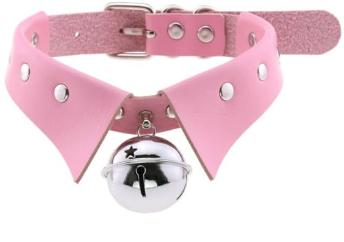 oenyaeu PU-Leder-Choker-Halsband für Damen mit Glöckchen, verstellbar (Rosa)