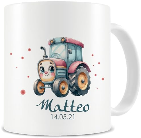 Samunshi® Kindertasse mit Namen Tasse mit Süßer Trecker Traktor Personalisierte Tasse Namen Kinder Kinderbecher personalisierter Text für Kindergarten oder Geburtstag weiß 300ml