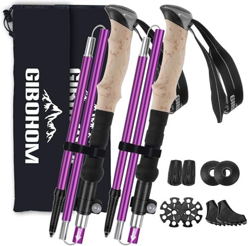 GIBOHOM 2 Pcs Bastones de Senderismo Plegables Nórdicos, Bastones Trekking de Aluminio 7075 Antichoque 105-125 CM con 4 Pares de Topes de Goma, Palos Senderismo para Senderismo Alpinismo Trail Viaje