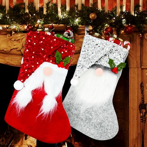 NOCHME Nikolausstrumpf Groß Zum Befüllen 2er Glitzer Kamin Nikolausstiefel Set Kaminsocken Weihnachtsstrümpf Zum Aufhängen Weihnachtsdeko Strumpf Weihnachten Dekoration Socken Rot und Grau