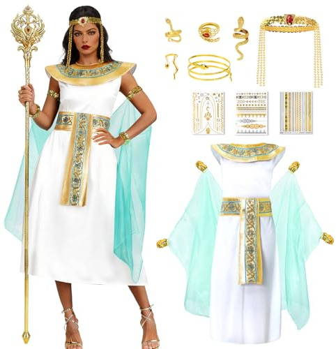 Joellfuner 6 Pièces Déguisement Cléopâtre Femme, Déguisement Cléopâtre avec Diadème, Bracelet Serpent et Bague, Costume Carnaval Femme pour le Carnaval, Cosplay et Fêtes Costumées (Blanc, M)