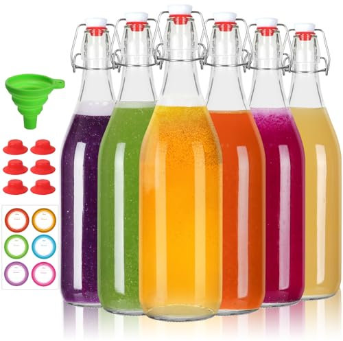 TOEKSIX 6 Pack 32 oz Swing Top Glass Bottles,Glass Bottles with Stoppers Lids,Glass Beer Bottle with Airtight Rubber Seal Flip Caps for Home Brewing Kombucha,Beverages,Oil,Vinegar,Wine,Cider,Soda
