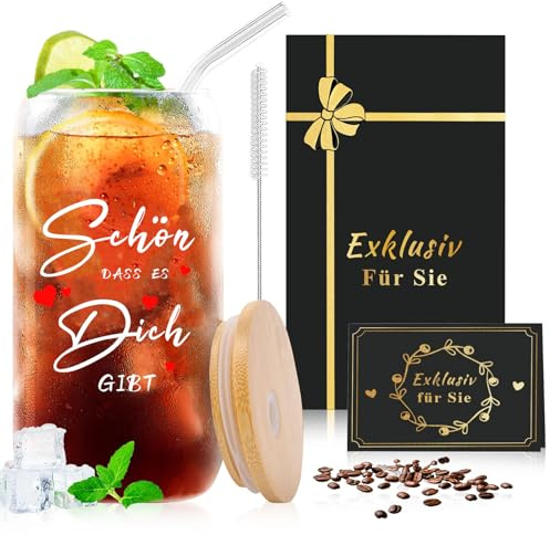 CIGAA Geschenk für Frauen - Becher mit Deckel und Strohhalm, A-Z Buchstaben Personalisiertes Trinkglas zum Geburtstag Weihnachten, Glasbecher mit Reinigungsbürste für Kaffee Bier Cocktails (500ml)