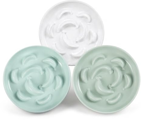 Kattskålar mot snabbätning - Set med 3 kattskålar i melamin för långsam matning - Pastell-serie - Diskmaskinssäkra - Vit, blå, grön