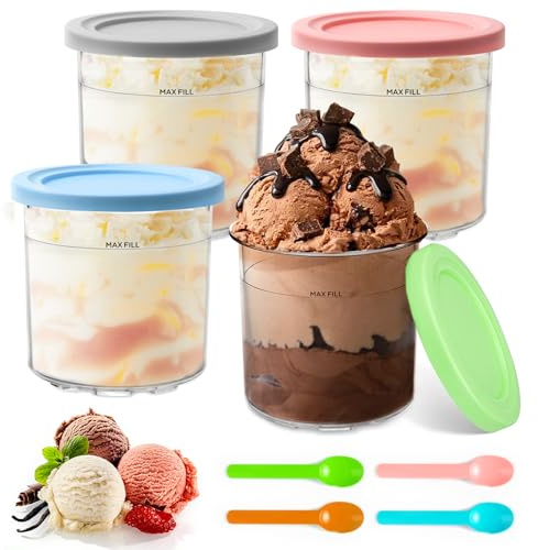 CHANCCI 4 Pcs Recipiente de Helado for Ninja NC299 NC300 Series,16oz Pintas Cream,Tarrina para Helado Con 4 Cucharadas,Sin BPA y Apto Para Lavavajillas