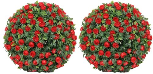 Hogvinnatil Bolas de boj artificiales con flores, bolas de boxwood artificiales,Plantas de bolas de boxwood falsas - Decoraciones para el hogar resistentes para la fiesta de bodas de jardín al aire