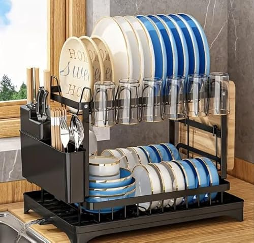 Dish Drainer Rack- 2-Tier Large Dish Rack for Kitchen Countertops, Removable Large Capacity Storage Rack with Cutlery Holder - Dish Rack with Drain Board, Cutlery Holder and Cup Holder, Black