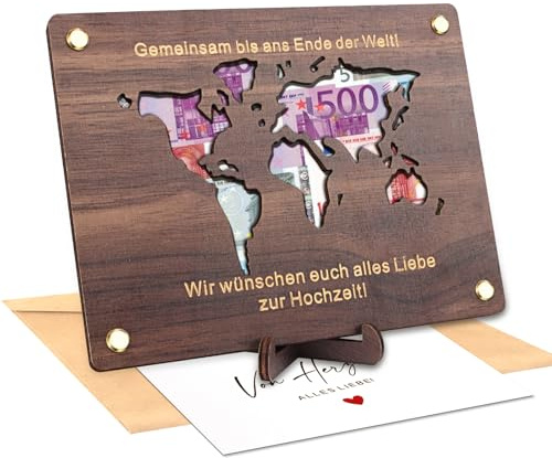 Powmag Bilderrahmen Hochzeit Geldgeschenk, Weltkarte Hochzeit Geldgeschenke Personalisiert, Hochzeitsgeschenke Geld mit Ständern Briefköpfe, Dekorative Geschenkkarte Holz