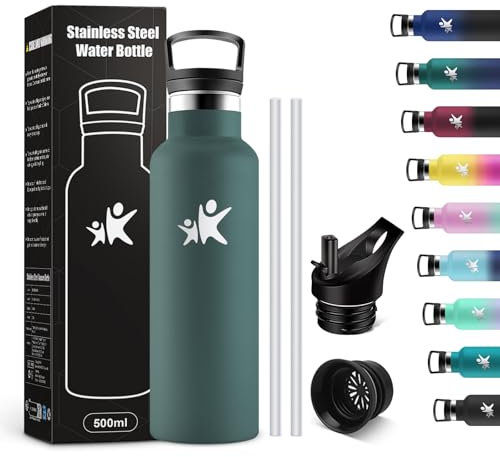 KollyKolla Thermosflasche 500ml, Trinkflasche Kohlensäure Geeignet, Auslaufsicher Wasserflasche mit Strohhalm, BPA-Frei, Isolierflasche Doppelwandig, Wasserflasche für Schule, Camping, Reisen