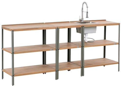 Cucina da esterno 3 elementi in legno di acacia massiccio marrone con lavello in acciaio inox