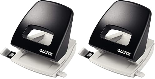 Leitz Büro Locher aus Metall, Für 25 Blatt, Anschlagschiene mit Formatangaben, Ergonomisches Design, schwarz, NeXXt-Serie, 50050095 (Packung mit 2)