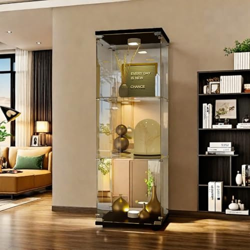 Vitrine en Verre avec LED, vitrine trempé Moderne en Verre 3 Couches avec 1 Porte, Vitrines de Collection, Transparent vitrine sur Pied pour Salon, Chambre à Coucher, Bureau, 42x36x125cm (Noir)