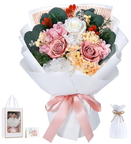 Lewondr Flower for Delivery, Preserved Flowers Bouquet, Pink Roses Bouquet, Real Long-Lasting Forever Birthday Flowers Gifts for Mom Women Wife Grandma Her Mothers Day Anniversary, Dusty Rose