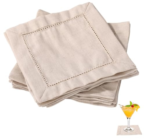 12pcs Linen Feel Cocktail Napkins, 6x6 Inch Reusable Cotton Cloth Serviettes Napkins Hemstitch Coaster Fabric for Wedding Birthday Baby Shower Party Home Table Bar Supplies (Natural)