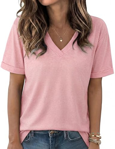 Aottori Maglia Donna Manica Corta Scollo a V Maglietta Estiva Ampia Uni | Miscela morbida ed elasticizzata, scollo a V, maniche corte, vestibilità ampia per lavoro viaggio e tempo libero