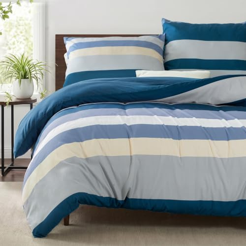 Whale Flotilla Juego de Funda Nórdica Cama 80, 2 Piezas | Microfibra Funda Nórdica 135x200 cm y 1 Funda de Almohada 80x80 cm, con Cremallera, Rayas y Estampado Geométrico, Azul marino