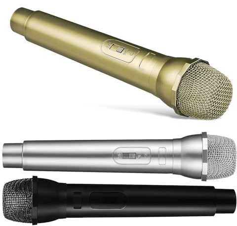 TOBBOMEY Lot de 3 Microphones Factices pour Garçon et Filles Accessoires de Microphone en Plastique Modèles de Simulation en Noir Or et Argenté Légers et Portables pour Fête Karaoké