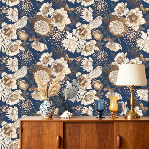 ReWallpaper 44.5CMx7M Carta Da Parati Uccelli Blu Lusso Floreale Oro Vintage Rivestimento Adesivo Muro Studio Lavanderia Rotolo Adesivo Decorativo per Pareti Armadio Scaffale Blu Fiori
