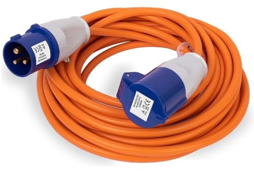 Heavy Duty Caravan Hook Up Cable, 15M Extension Lead Cable, 16 Amp Cable 240V Camping Extension Lead, High Visibility Orange - Perfect for Campervans & Motorhomes (15M)