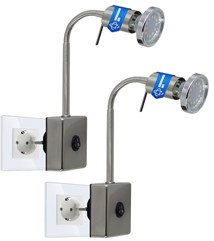 Trango 2er Pack 2607/2 LED Steckerleuchte *SKY* Nachtlicht in Edelstahl-Look incl. 1x 3000K warmweiß LED Leuchtmittel & ON/OFF Schalter Wandlampe Küchen Steckerlampe