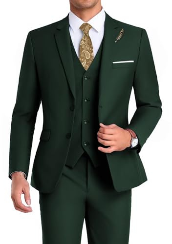 Ensemble de 3 pièces Haut de Gamme pour Homme - Coupe ajustée - Costume de Bal, de soirée - Deux Boutons - Style Business et décontracté - Vert - Poitrine 42''/Taille 36''