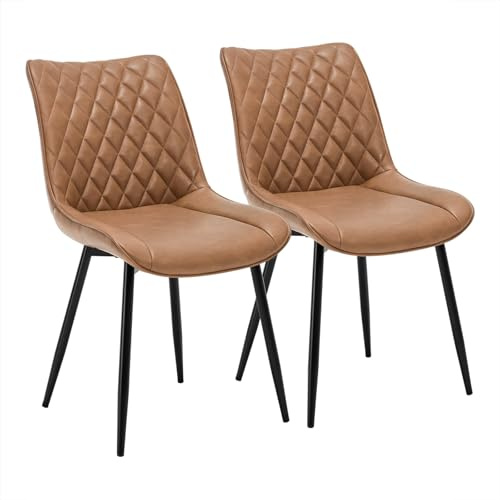 WOLTU Esszimmerstühle 2er Set, Küchenstühle gepolstert | mit Rückenlehne, Sitzfläche aus Kunstleder, Metallbeine, für Esszimmer, Küche, Wohnzimmer, Büro, Hellbraun