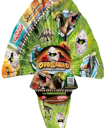 Uovo pasqua Ovosauro dinosauri 220g per tutti i bambini che amano la preistoria e il mondo dei fossili in cioccolato al latte finissimo con sorpresa