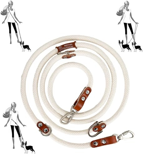 Multifunktionale Freihandleine für Hunde. Weiß & Cognac. | 12-mm-Baumwollseil mit Lederdetails und 2 Karabinern; 3-fach verstellbar, auch als Doppelleine. In Spanien gefertigt.