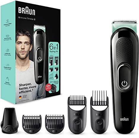 Braun Recortadora de Barba 6 en 1, Máquina Cortar Pelo, Máquina de afeitar, Cortapelos Hombre para Cara, Pelo Orejas y Nariz, 5 Accesorios, 3 MGK3321, Negro/Verde