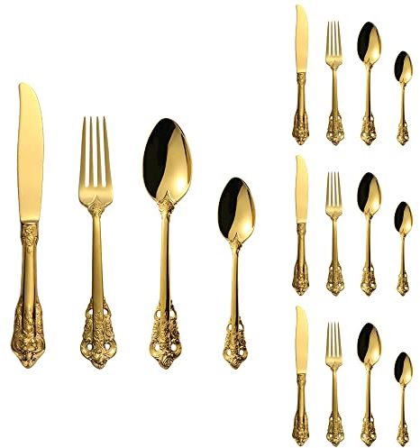 MeiSha 16 pièces Ensemble de Couverts Titane plaqué Or, Set Argenterie de Table 4 Personnes Inox, Comprend des couteaux/ fourchettes/ cuillères, Miroir Poli et Lavable au Lave-vaisselle (Or Brillant)