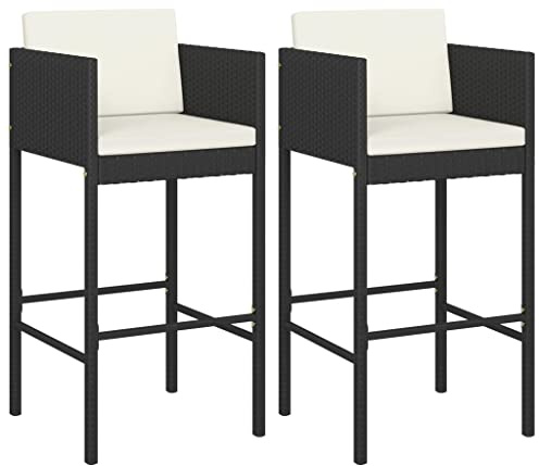 vidaXL 2X Barhocker mit Kissen Küchenhocker Garten Barstuhl Tresenhocker Thekenhocker Tresenstuhl Bistrohocker Gartenmöbel Schwarz Poly Rattan