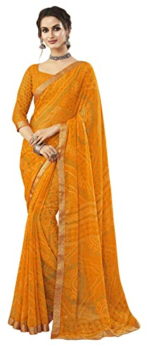 SIRIL Women's Bandhani Printed & Lace Chiffon Saree with Blouse(2202S868_Turmeric Yellow)