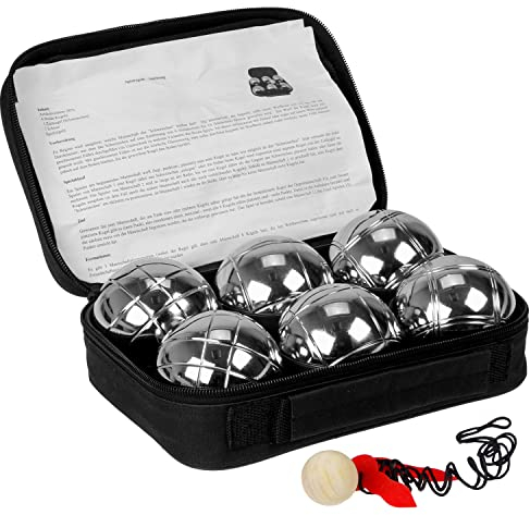 Boccia Kugeln Set, Boule Kugeln mit 6X Metall-Kugeln 73mm, 720g, 1x Holz-Kugel, 1x Abstandsmesser inkl. Luxuriöser Tragetasche, Petanque für Outdoor-Spiel Garten und Strand Spielzeug