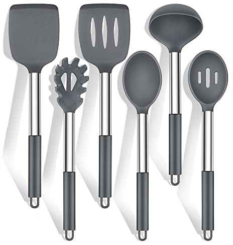 HaWare - Set di 6 utensili da cucina in silicone, con manico in acciaio inox, antiaderente, resistente al calore, facile da pulire e lavabile in lavastoviglie, colore: grigio