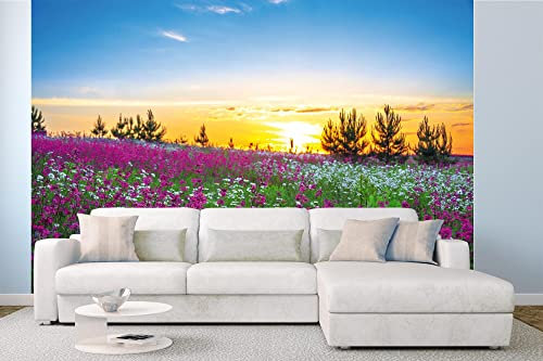 Vlies Fototapete SONNENAUFGANG UND BLUMEN 375 x 250 cm (inkl. Kleister) - Vlies Tapete, Wandtapete, Wandbilder - Tapete für Wohnzimmer Schlafzimmer, Büro, Küche - Montagefertig