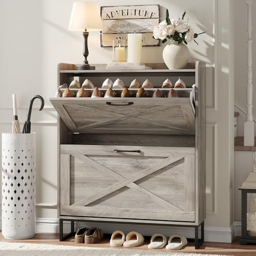Maupvit Schuhschrank mit 2 Klappschubladen, freistehender Schuhschrank Organizer mit Metallbeinen, Schuhschrank für den Eingangsbereich, schmaler Schuhregal, verwaschenes Grau