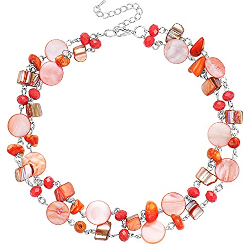 FULU AUTUMN Donne Collana di Conchiglie in Argento a Strati Collane Bohémien Corte Collana Girocollo con Perline Turchesi Regali Compleanno(59-Pink Orange)