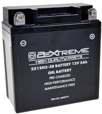 2EXTREME 2X12N5-3B Gel Batterie 12V 5 Ah kompatibel mit Yamaha RD 350 | Vergleichstypen YB5L-B, GB5L-B, CB5L-B; wartungsfrei, vorgeladen; kompatibel mit Simson SR 50, Piaggio Sfera 80, TPH 80