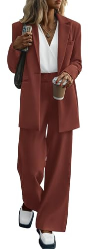 KIRUNDO Women Suits 2 Piece Set Business Casual Dressy Oversized Blazer Jacket and Wide Leg Dress Pantsuits Formal Outfits(Brown Red, Medium)