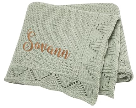 Bestickte Babydecke, personalisierte Babydecke, gemütlich, weiche Baumwolle, gestrickt, individuelle Namensdecke, Baby-Geschenk, Geschenk für Neugeborene (grün)
