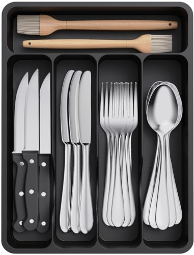 Lifewit Organizer Posate da Cassetto, Portaposate Porta Posate Cucina Cassetto Scolaposate Grande Porta Utensili Cucina, per Cucchiai Forchette Coltelli Stoviglie, 5 Scomparti, Nero