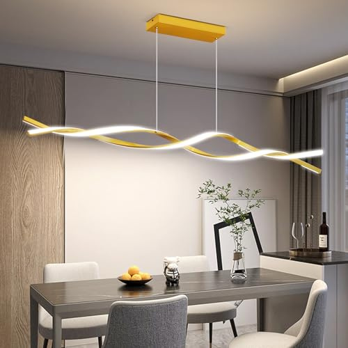 Mikeru 150cm Wave Pendelleuchte, Gold Lineare LED Pendelleuchten 3000k/4500k/6500k Wave Insel Licht 10% Bis 100% Dimmbare Höhenverstellbare Hängelampe Mit Memory-Funktion für Die Kücheninsel