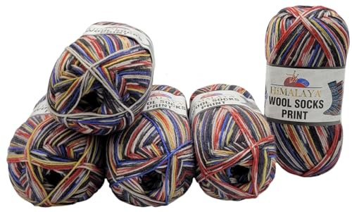 5 x 100 Gramm Himalaya Socks Print Sockenwolle mehrfarbig, 75% Merinowolle, 500 Gramm Wolle für Stricksocken und Strümpfe (grau blau rot ua s54-04)