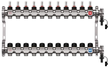 MD Technic Heizkreisverteiler aus Edelstahl von 2 bis 12 Heizkreisen mit Druchflussmessern, Handventilen, Wandhalterungen, Endset zum Befüllen und entlüften (11 Heizkreise)