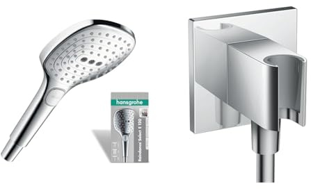 hansgrohe Raindance Select E - Pommeau de douche 3 types de jet, Douchette à main carré (diamètre 120 mm), Chromé & Support de douche Porter Square chromé, fixfit 26486000