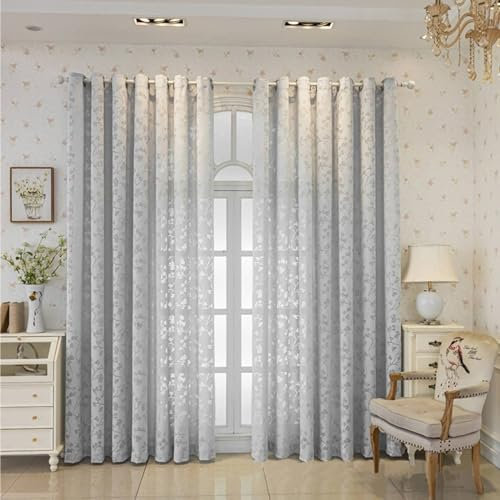 Bishilin Gardinen Grau mit Ösen 2er Set, Vorhänge Lichtdurchlässig Landhausstil Jacquard mit Ginkgo Motiv 86x183CM Polyester Gardinen Halbtransparent für Kinderzimmer Wohnzimmer Küche