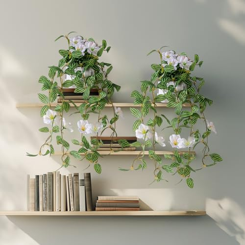 Bailikang 2PCS Artificial Hanging Plant with Pot Faux Hanging Plants Small Hanging Plants Pot with Artificial Vines and Flower Greenery Decoration for Living Room Wall Home Wall Shelf (Stripe White)